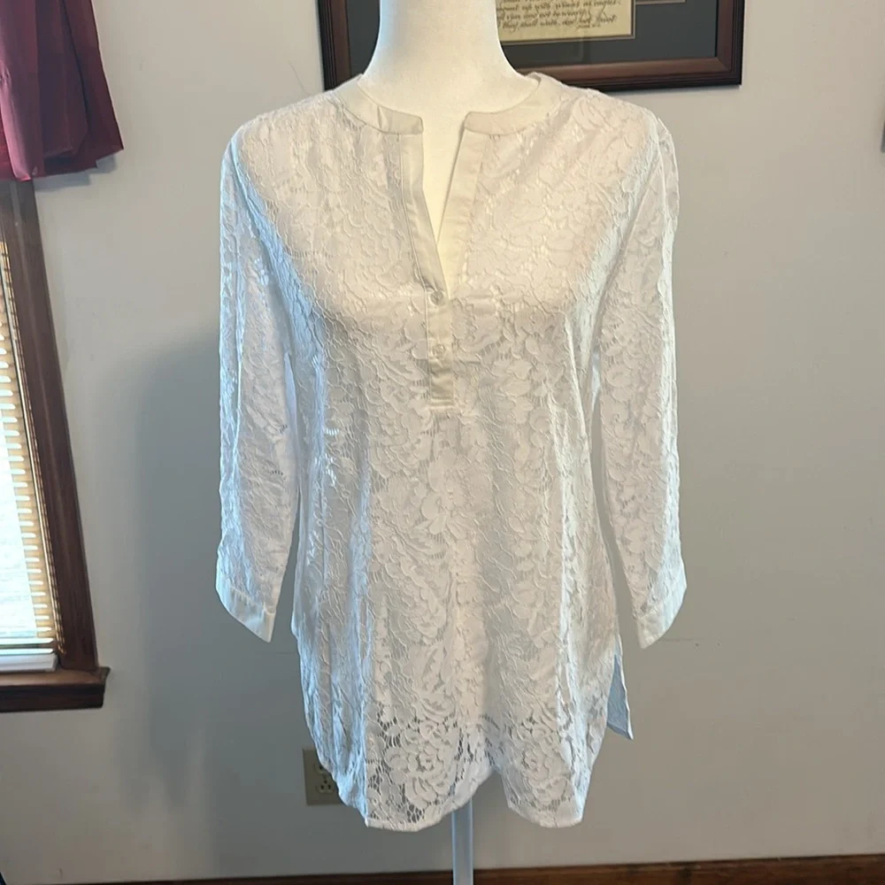 Tyler Boe White Sheer Floral Lace Popover Splitneck Tunic/BathingSuit Cover Med. - Picture 2 of 9
